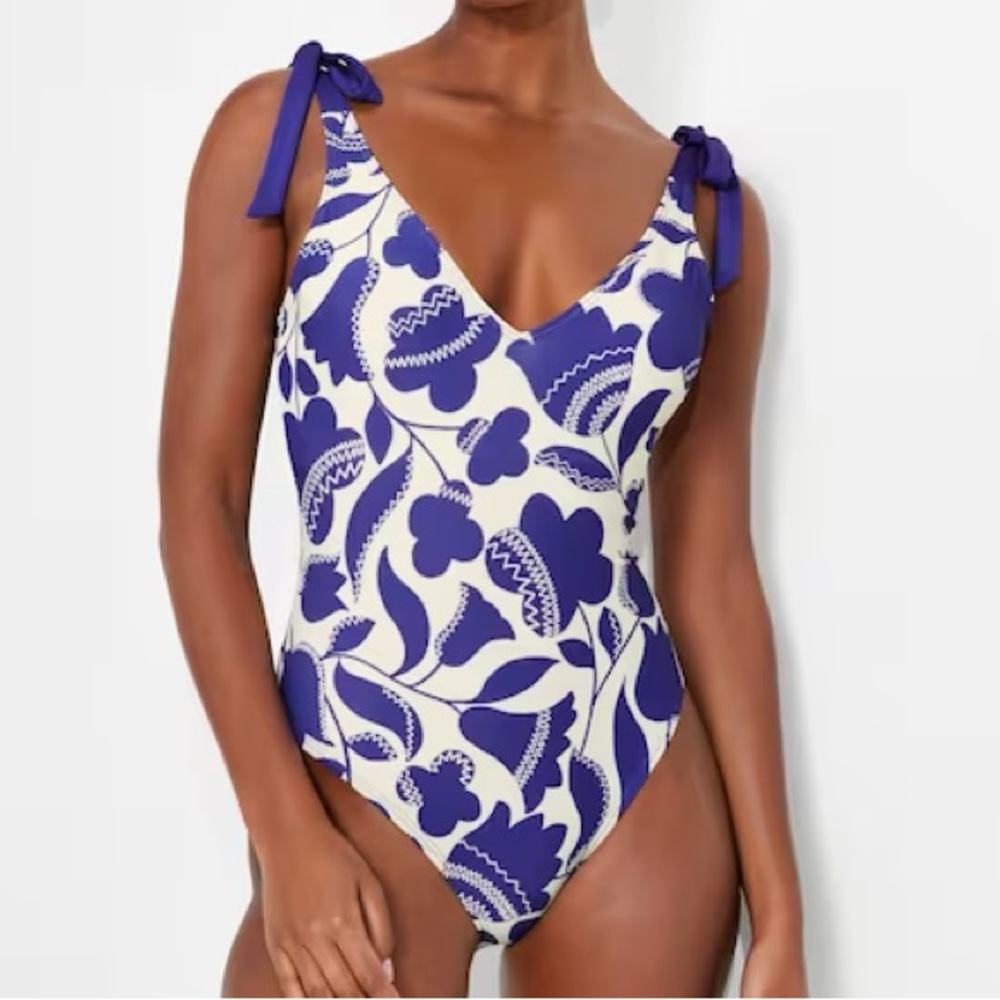 Kate Spade Zigzag Floral Bow Strap V Neck One Piece Swimsuit